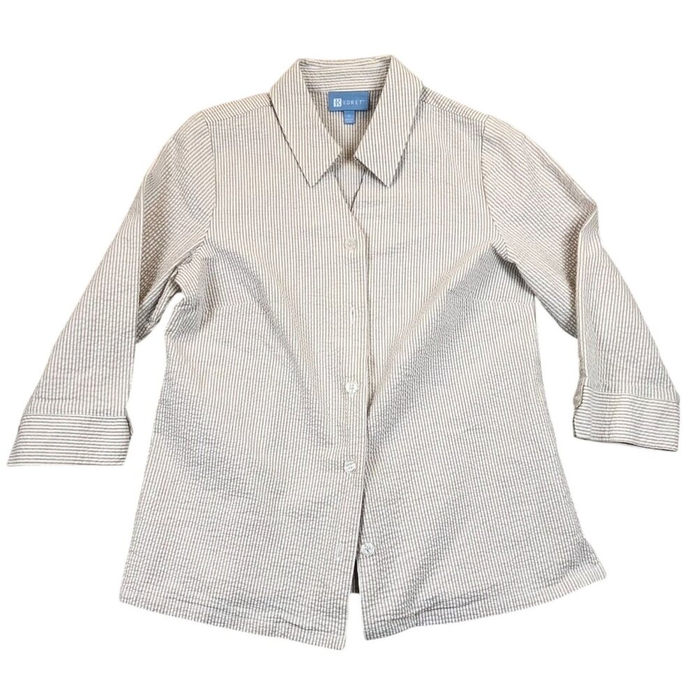 Koret Women's Seersucker Shirt Medium 3/4 Sleeves Button Up Beige Striped